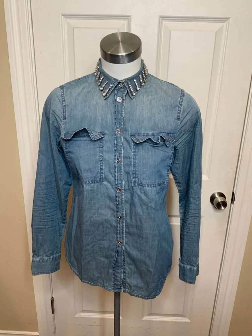 Michael Kors Blue Chambray Denim Button-Up Jewel Collar Shirt, Size XS